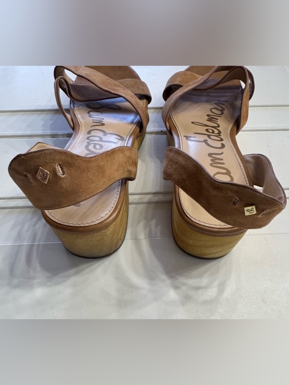 Sam Edelman Women’s Sz 8 Tan Yancy Wood Block Sandals (Scuffed Toes, See Photos) - Picture 8 of 8